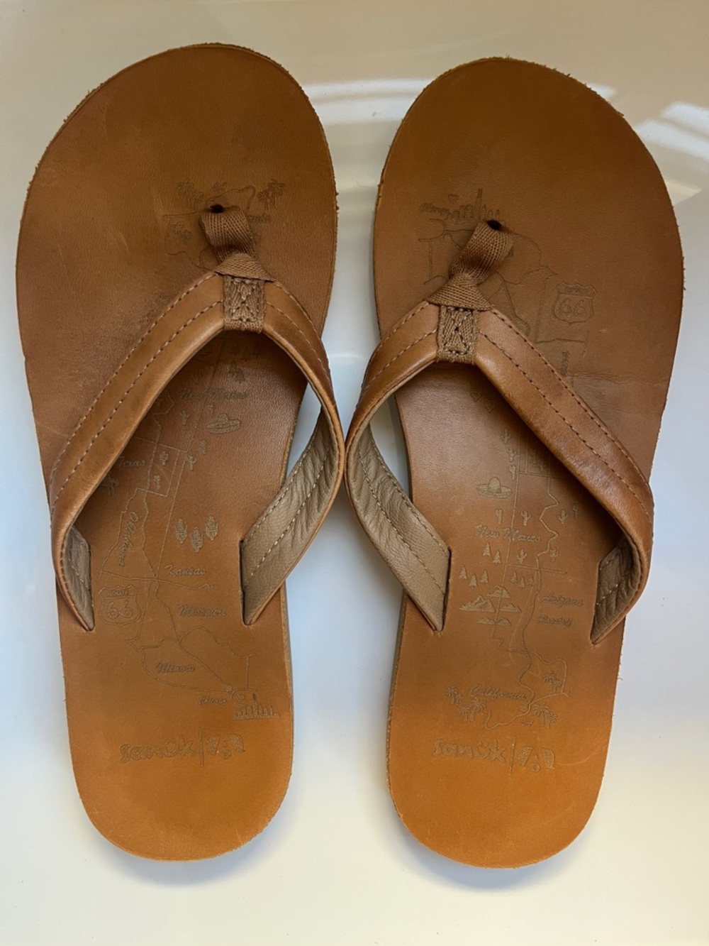 Sanuk Tan Brown Leather Route 66 Embossed Flip Flops